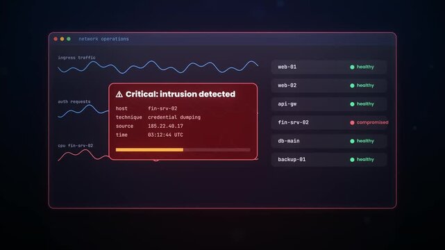 Network operations dashboard shows critical intrusion detected on fin-srv-02 server with compromised status