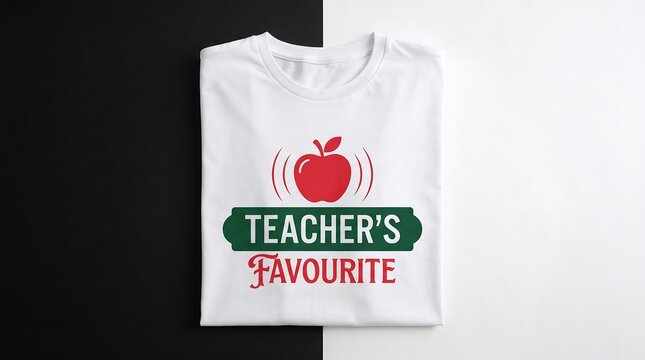 White t shirt with teachers favourite design featuring a red apple on a black and white background