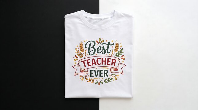 White t shirt with best teacher ever print displayed on a split black and white background