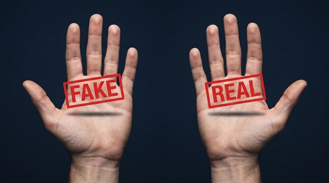 Two open human hands with red rubber stamps showing the words fake and real on dark background