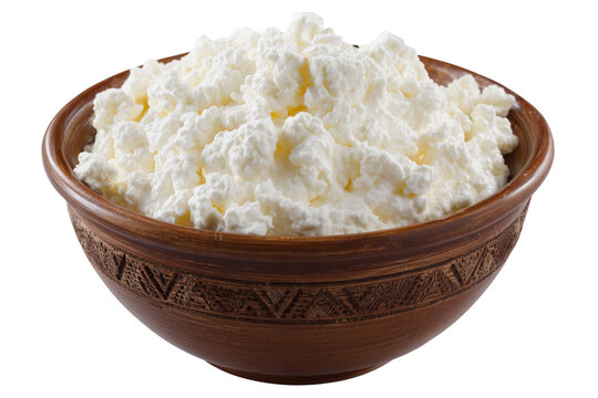 Creamy cottage cheese in a rustic dark brown ceramic bowl with dairy product white cheese breakfast food protein food