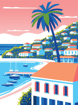 Tropical Island cityscape with Caribbean small town, palms, green trees, yachts, boats and blue sea in the background. Handmade drawing vector illustration.