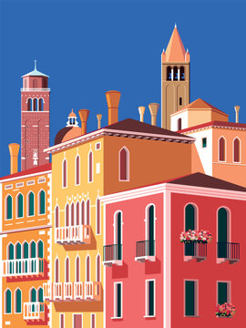 A fantasy colorful cityscape with Venetian palaces, flower beds, churches and cathedrals in the background. Handmade drawing vector illustration. Can be used in tourist banners, cover books etc.