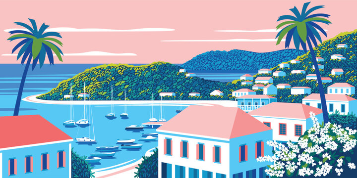 Tropical Island cityscape with Caribbean small town, palms, green trees, yachts, boats and blue sea in the background. Handmade drawing vector illustration.