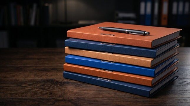 Stack of notebooks with pen on wooden desk in office