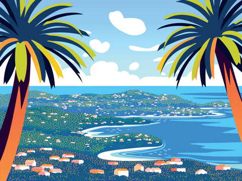 Mediterranean beautiful romantic panoramic landscape  with traditional houses on the hillsides and fishing boats in the sea. Hand drawn vector illustration.
