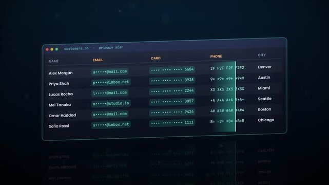 Customer database privacy scan showing blurred personal information on a digital interface
