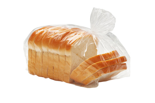 Sliced white bread loaf in a clear plastic bag on a white background with bakery product sandwich bread sliced food