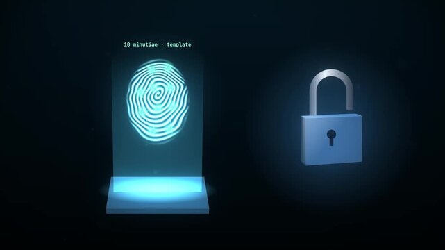 Biometric fingerprint scan and encryption process shown in three stages with a padlock symbolizing security