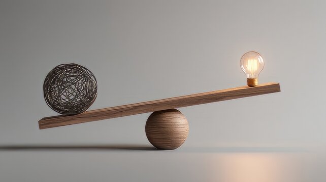 Minimalist wooden seesaw balance scale with glowing lightbulb, metaphorical heavy wire ball idea concept, work life balance representation