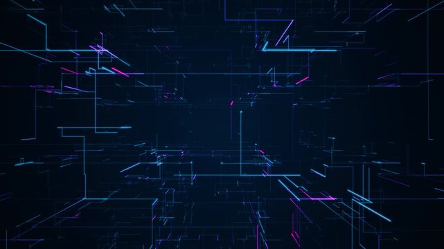 Grid, corner structure from glowing particles, lines. AI Data connection. Cyberpunk, virtual space. Seamless loop motion background
