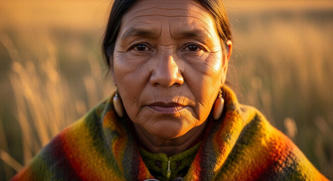 Indigenous elder portrait with colorful traditional sweater in