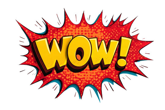 Red comic style burst speech bubble with the word wow in yellow text red background comic book pop art