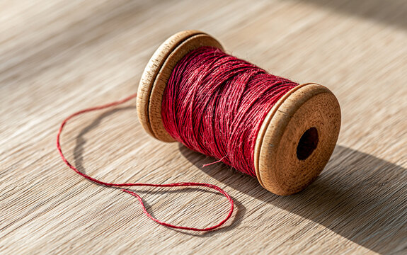 Top-down view of a single vintage wooden spool of crimson red sewing thread on a light oak table