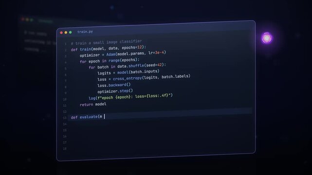 Python code for training an image classifier on a computer screen with glowing purple light