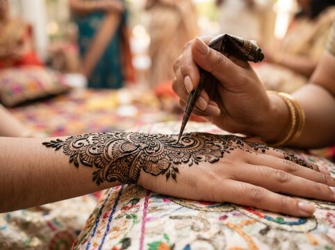 Henna artist applying intricate hand design