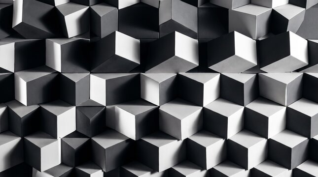 Geometric cube tile wall features a monochromatic grayscale pattern