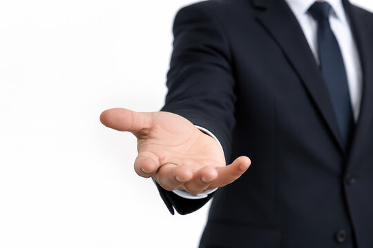 Businessman extending open hand close-up in studio offering service partnership gesture on white background for corporate presentation client outreach and professional proposal concept