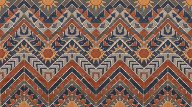 Zigzag chevron mosaic pattern features terracotta gray and navy hues