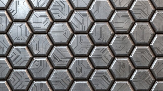 Silver honeycomb hexagon pattern features intricate circuit like detailing