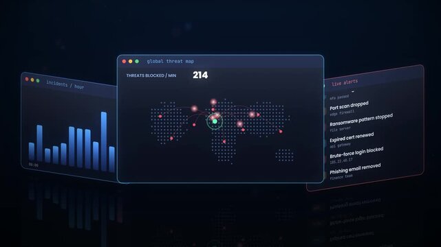 Cybersecurity threat map shows decreasing global threats blocked per minute from 248 to 180 with live alerts and incident data