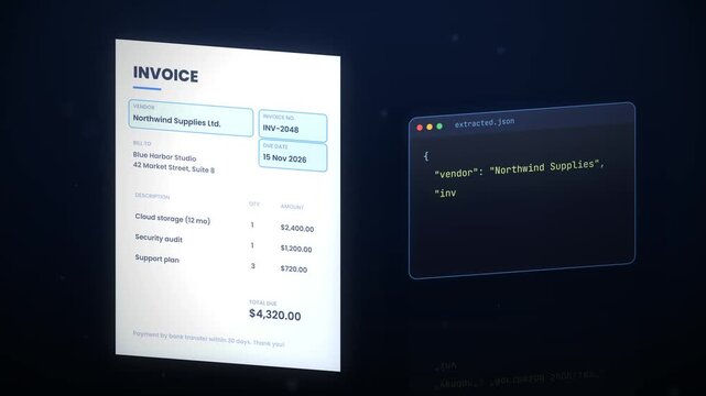 Digital invoice data extraction process shown in three stages with code snippet and financial document