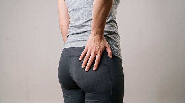 Woman holding her hip in pain due to sciatica or muscle strain