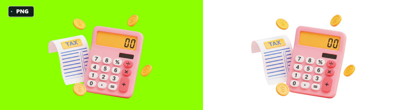 Pink 3d calculator with floating gold coins and paper tax receipt represents financial planning and accounting on green background.