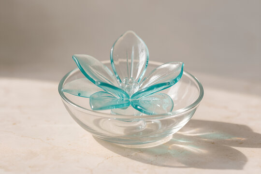 Translucent glass flower in a shallow bowl with soft daylight on a pale stone surface