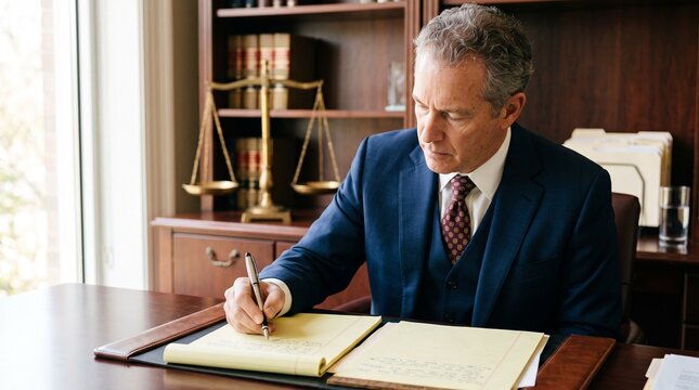 Lawyer in suit writing notes at desk with scales of justice in background