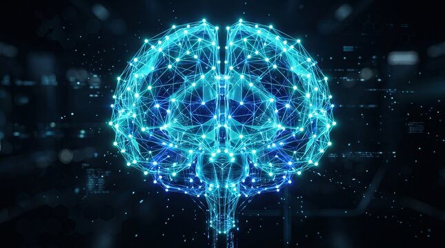 Abstract glowing blue digital brain network connecting nodes and lines on dark background