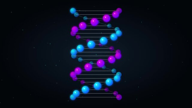 Rotating DNA helix structure with glowing blue and purple spheres on