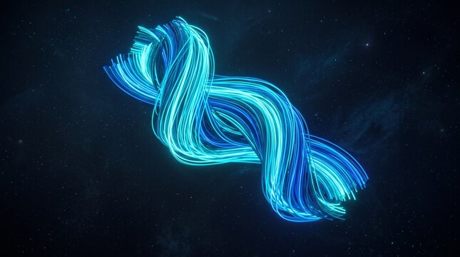 Abstract Blue Neon Light Strands Twisting in Dark Nebula Background