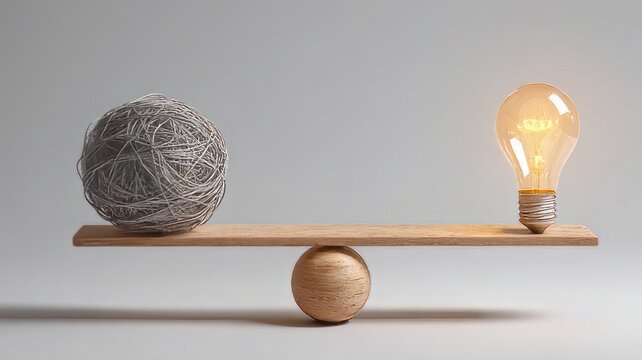 Minimalist wooden seesaw balancing messy string ball and glowing lightbulb, concept of idea simplification and solution discovery