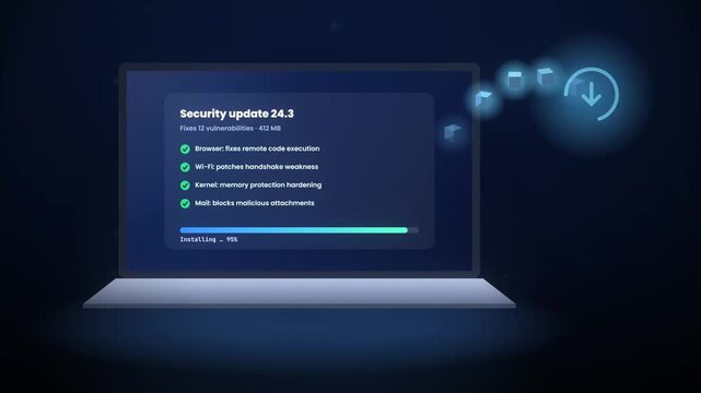 Laptop screen shows security update installation progress from start to completion with success message