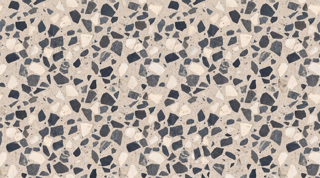 A high-quality seamless terrazzo texture featuring a beige concrete base embedded with contrasting black and white stone fragments for modern architectural design.