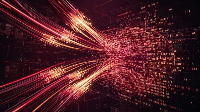 Abstract Digital Data Stream Flowing Through Fiber Optics With Binary Code