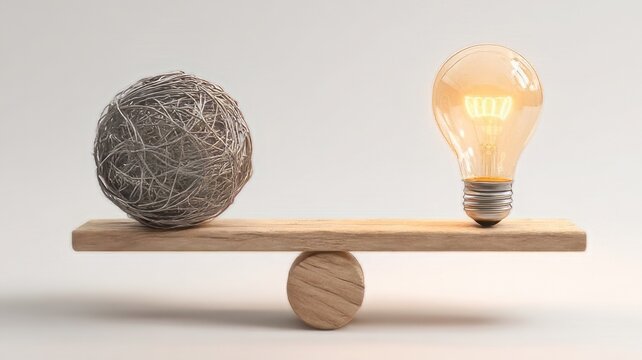 Conceptual balance scale with tangled wire and glowing lightbulb, business solution and idea concept, creative problem solving seesaw