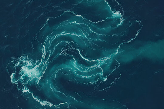 Abstract top-down view of a sweeping S-shaped ocean current in navy and teal