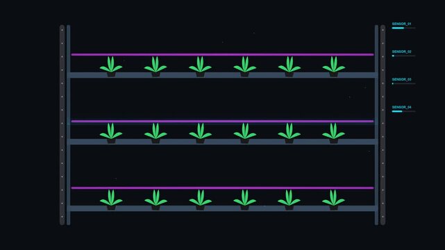 Vertical farming system with green plants growing under purple led