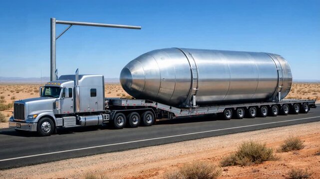 Heavy truck with trailer transporting oversized industrial cargo load on a highway