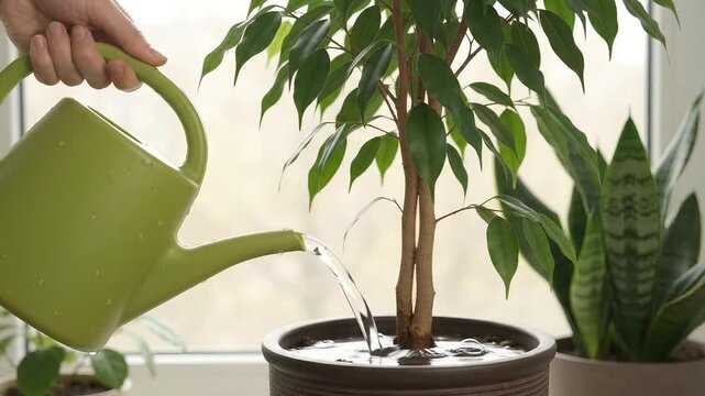 Hand Watering Green Houseplants With Watering Can