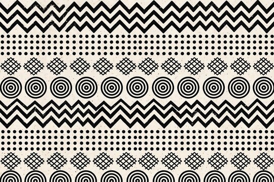 Black and ivory monochrome tribal mudcloth pattern with zigzag bands, dot grids, crosshatch diamonds and concentric circles, African textile style for fabric print