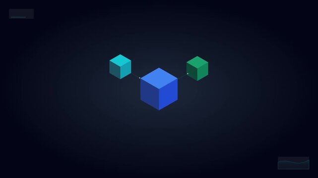 Blue isometric cube rotating in a dark digital space for technology