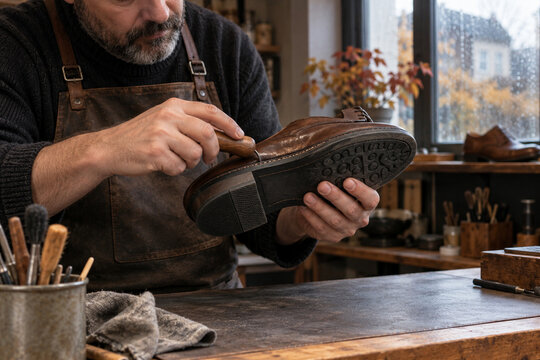 Cobbler working on sole edge of brown leather shoe