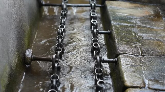 Rain chain guiding water to a basin