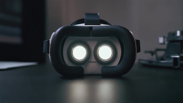 Vr headset lens glowing on a desk