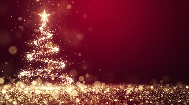 golden and silver lights with christmas tree on red background,bright decoration for merry xmas greeting message.Elegant holiday season social post digital card.Copy type space for text or logo