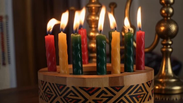 Kwanzaa candles flickering in a kinara