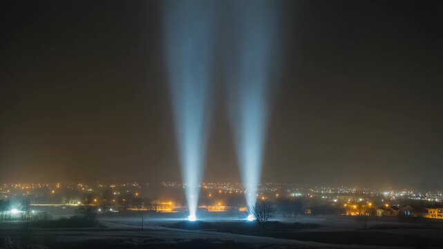 Light pillars rising above a frozen town